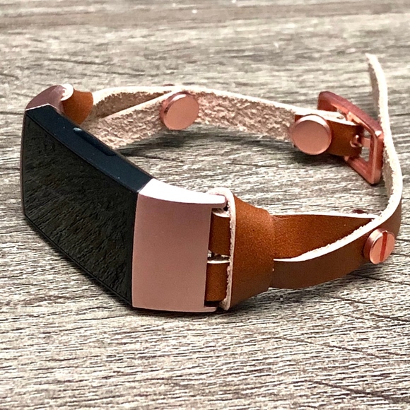 Brown Leather Strap Rose Gold Fitbit Charge 3 Band - Picture 1 of 8
